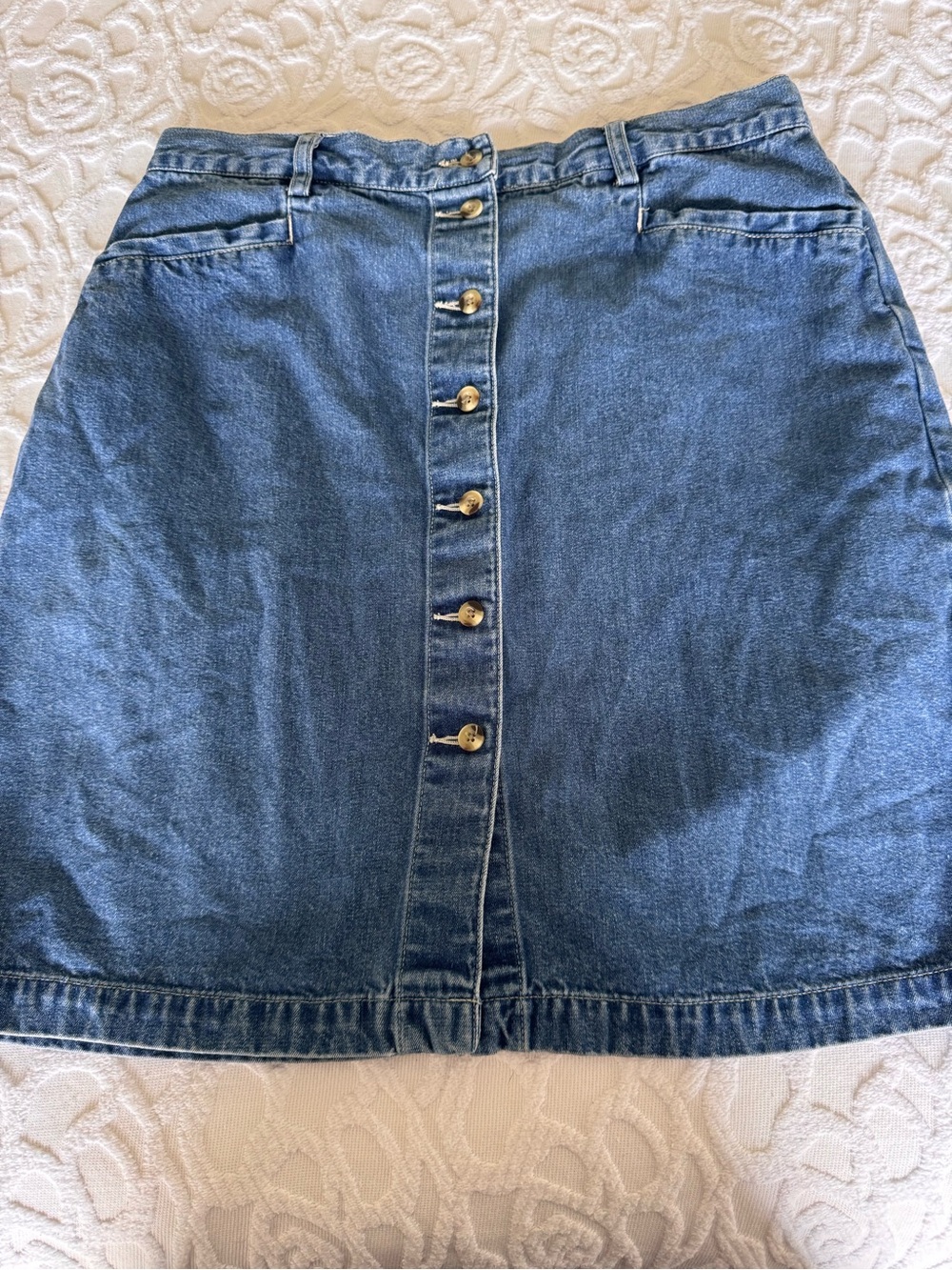 Vintage 90s Eddie Bauer Denim Skirt 14 Button Front High Waist A-Line